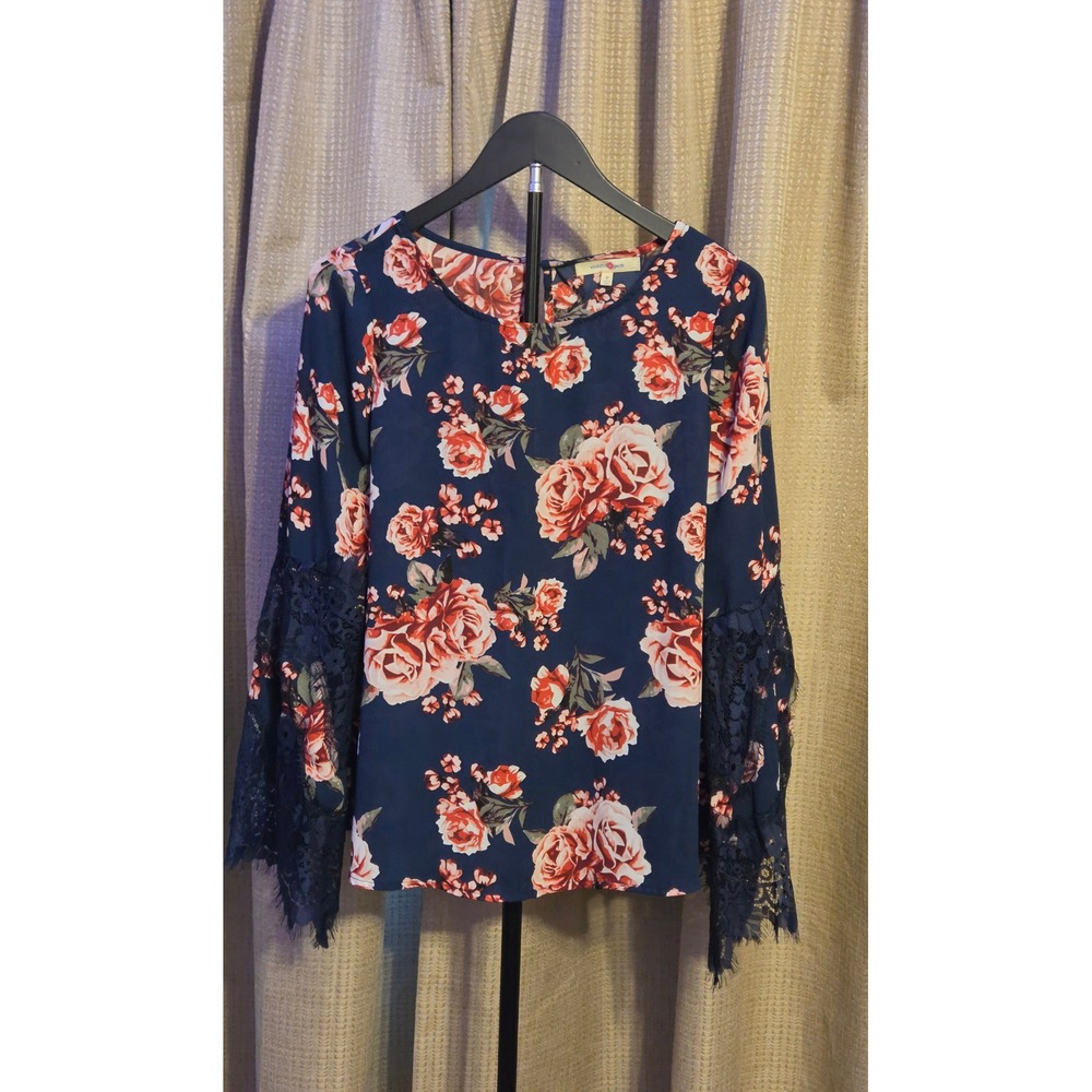 Wishful Park Floral Print Lace Bell‎ Sleeves Blouse Womens Size Medium Navy Pink